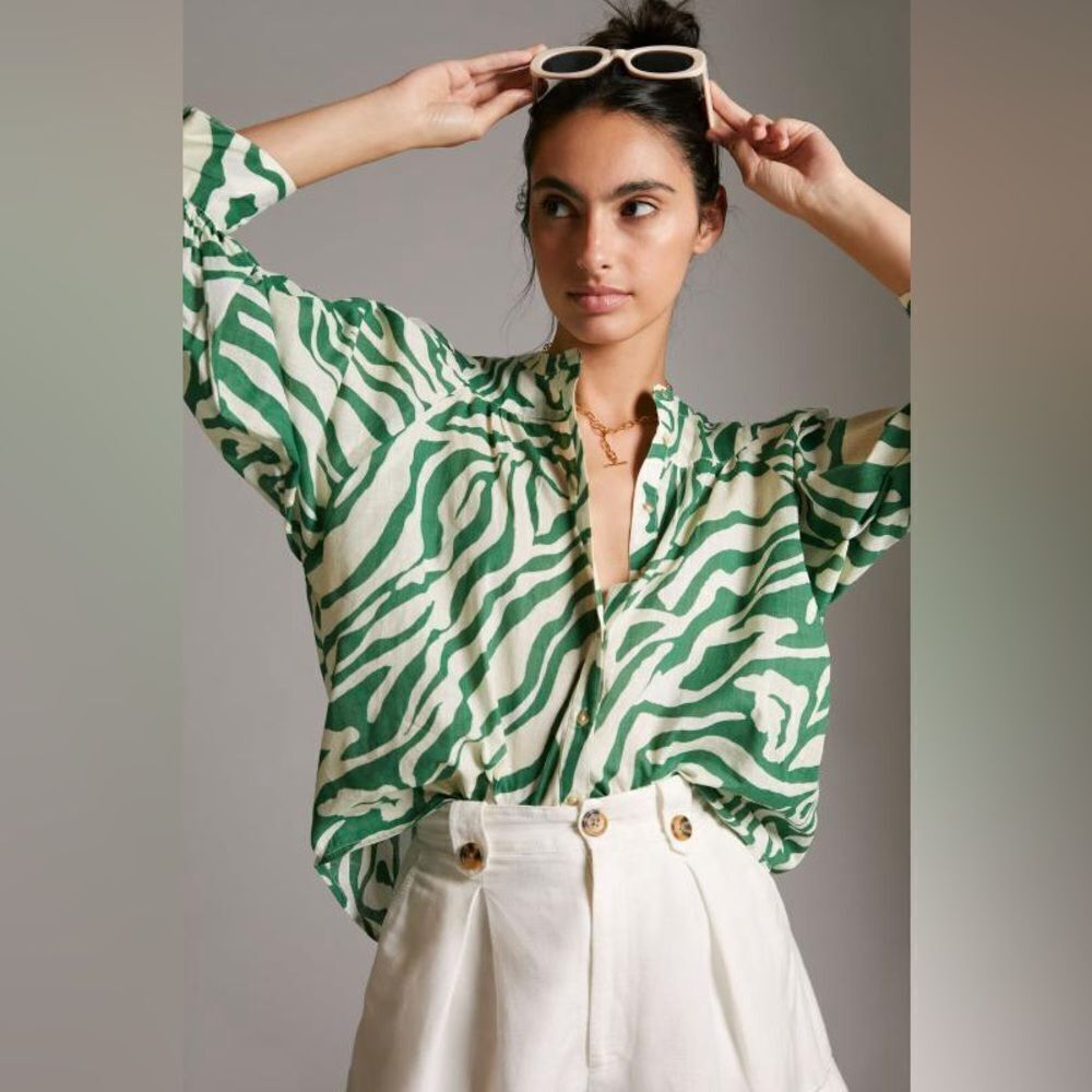 Anthropologie Green and White Zebra Print Blouse - Picture 3 of 4